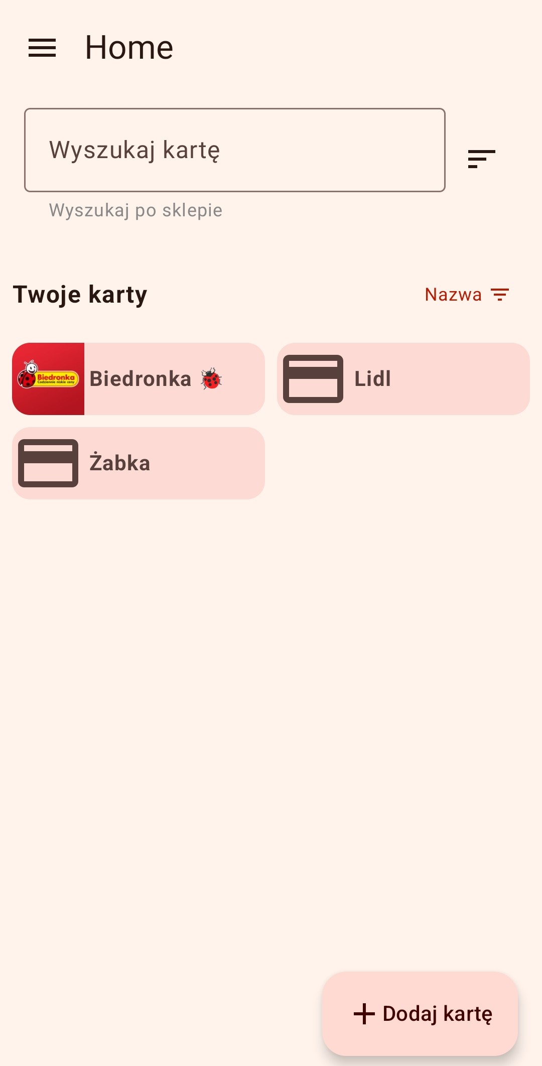 Zrzut ekranu aplikacji CardsStores